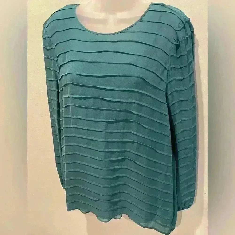 Talbots Long Sleeve Ruffled Teal Blouse Sheer with Camisole Size 18